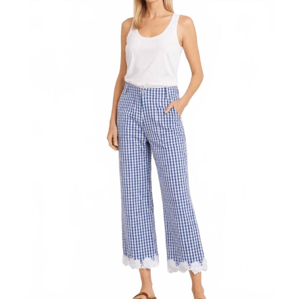 NEW VILAGALLO women's gingham lace trousers pant in blue white